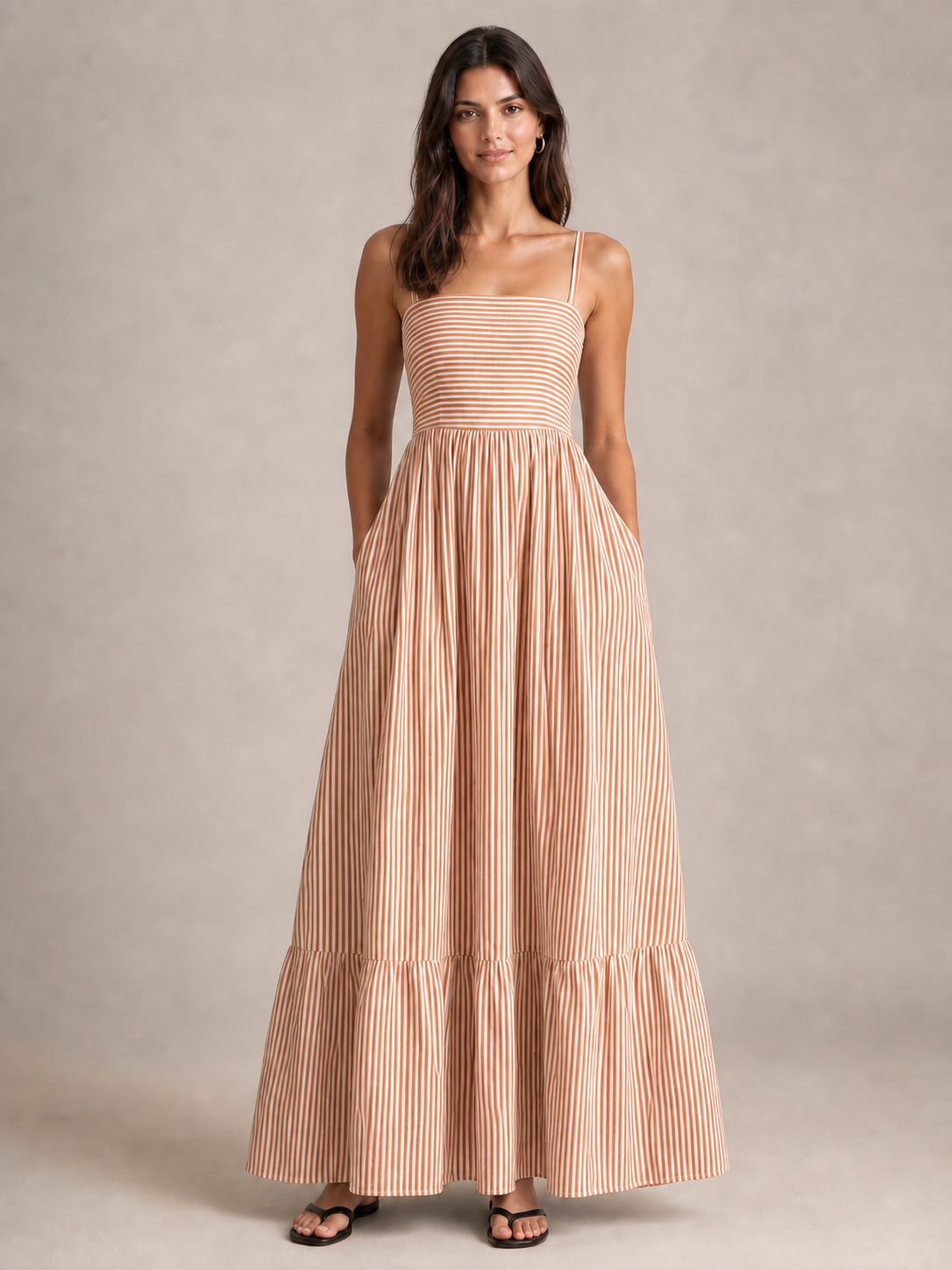 Women's rust-cream striped tiered maxi dress