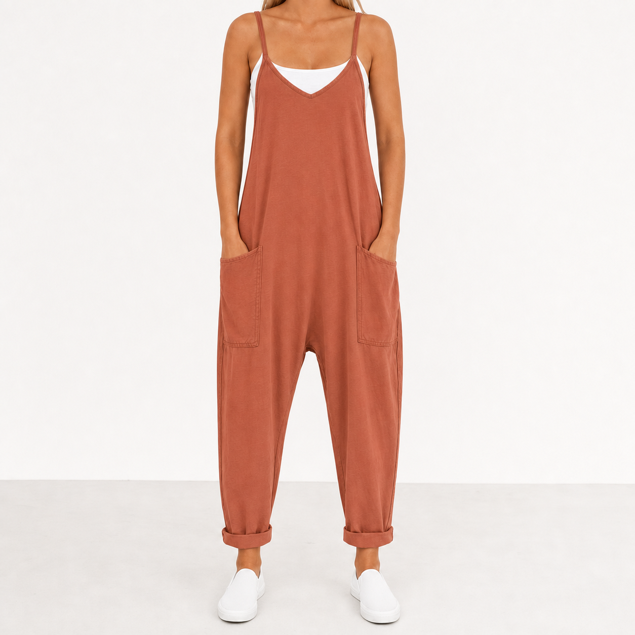 Women's terracotta relaxed pocket jumpsuit