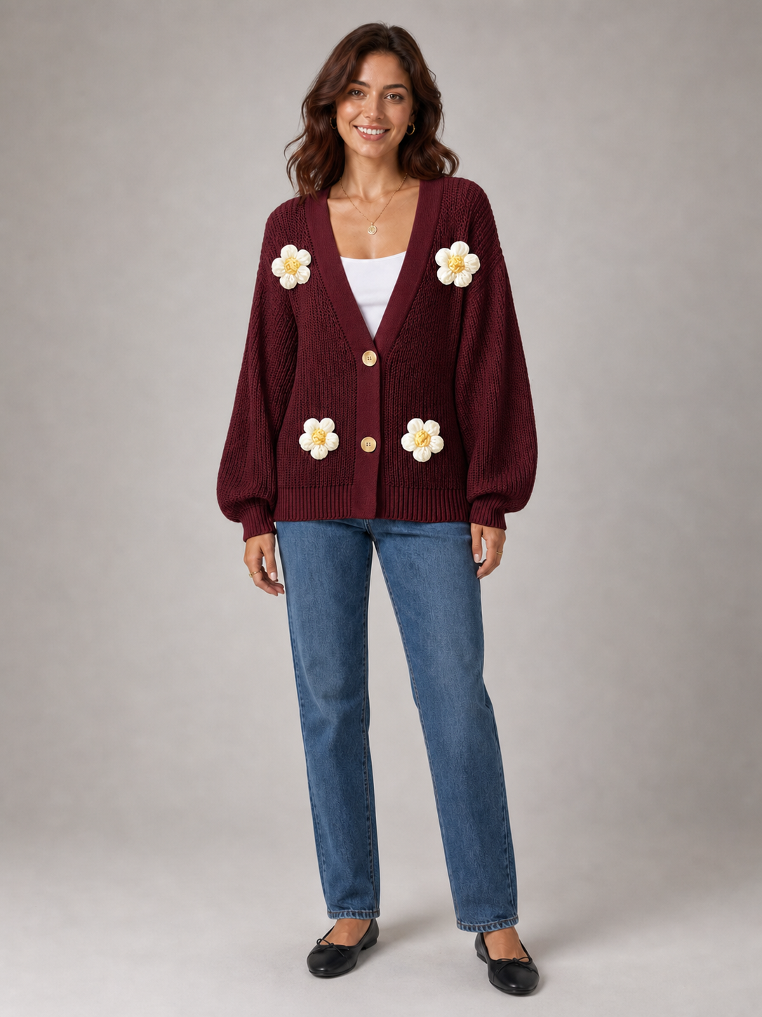 Women's daisy cardigan in burgundy