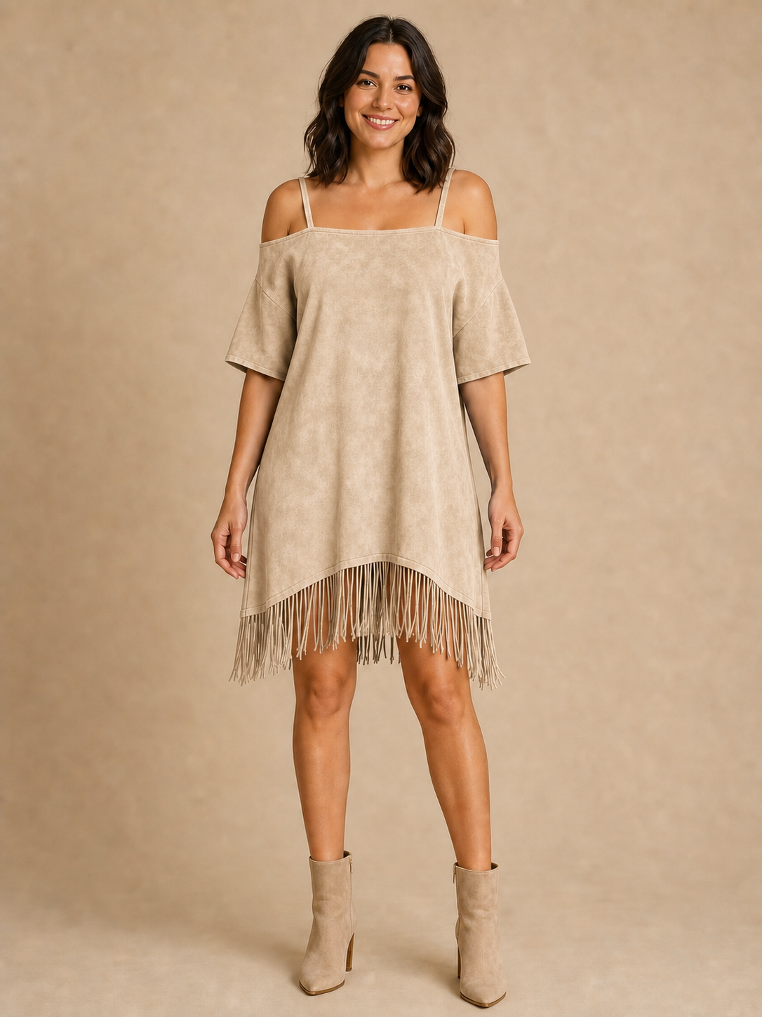 Women's sand beige washed cold shoulder fringe shift mini dress