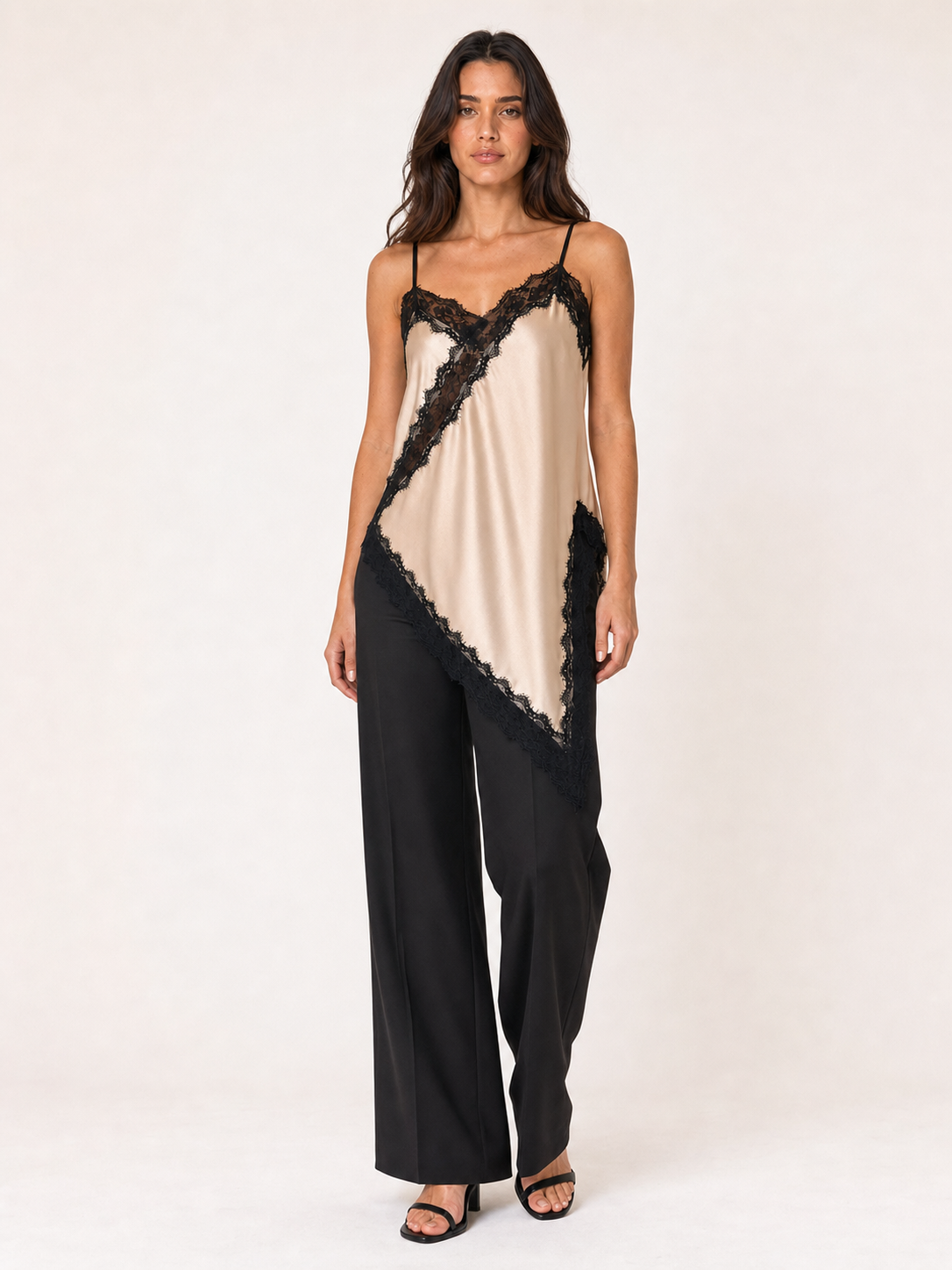 Women's champagne camisole with black contrast lace