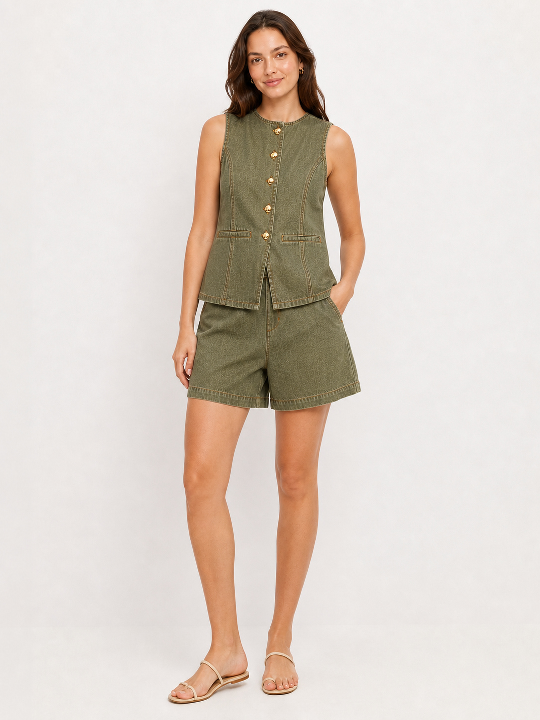 Women's olive denim sleeveless vest and shorts set
