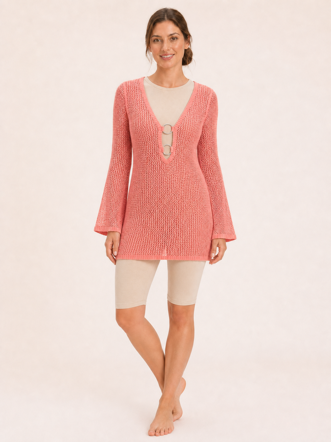 Women's coral pink double-ring open-knit cover-up