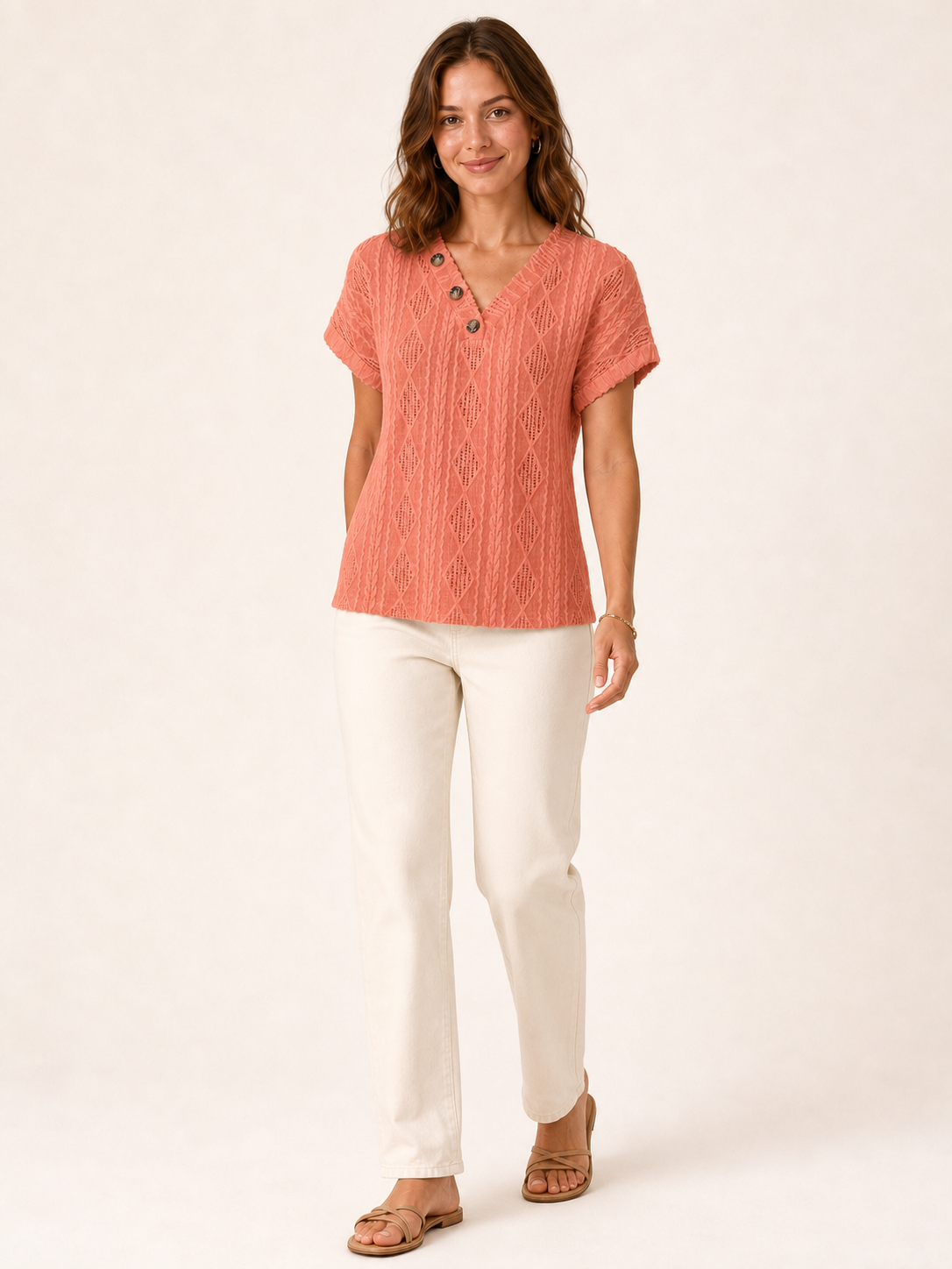 Women's openwork three-button top in coral