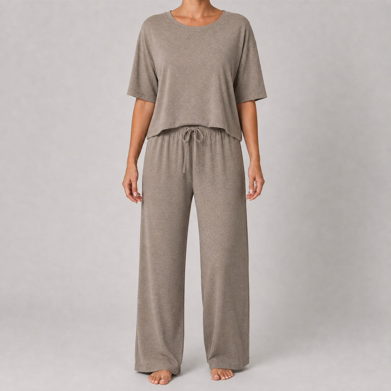 Warm taupe women's relaxed top and wide-leg pants lounge set