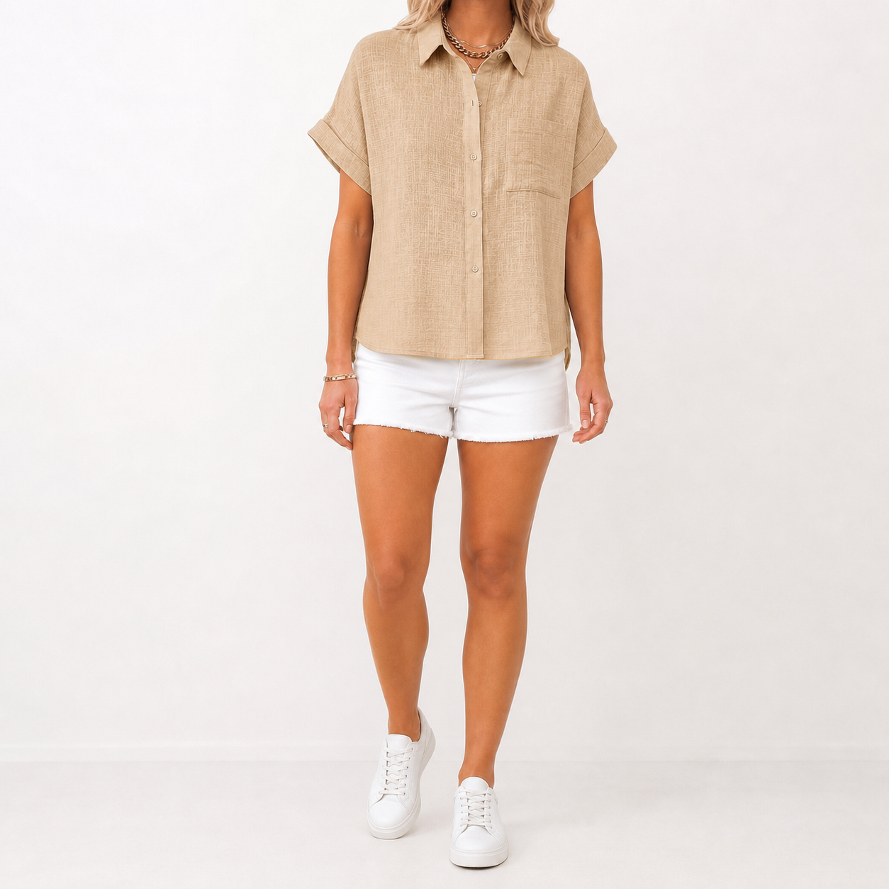 Sand beige women's textured short-sleeve button shirt