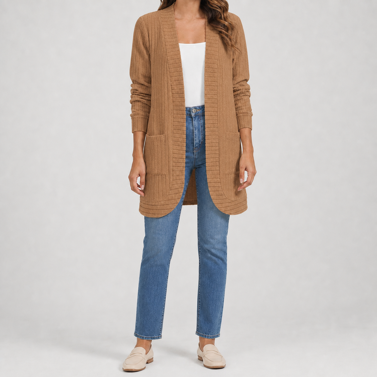 Camel brown women's ribbed open-front long cardigan