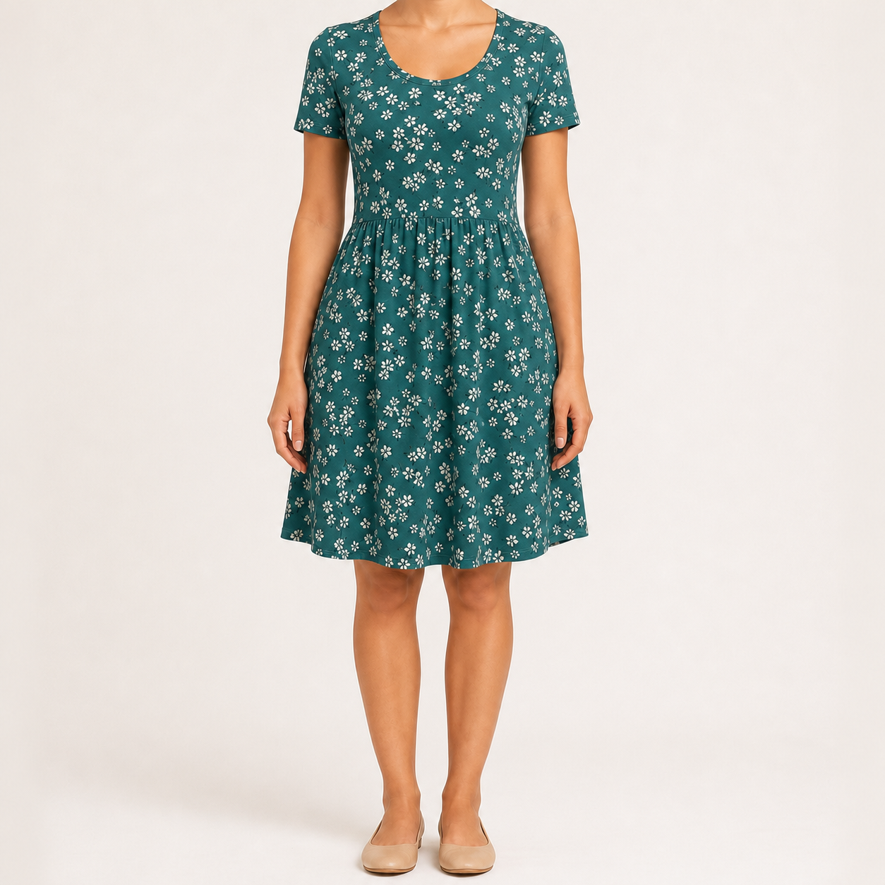 Deep teal floral scoop neck pocket dress
