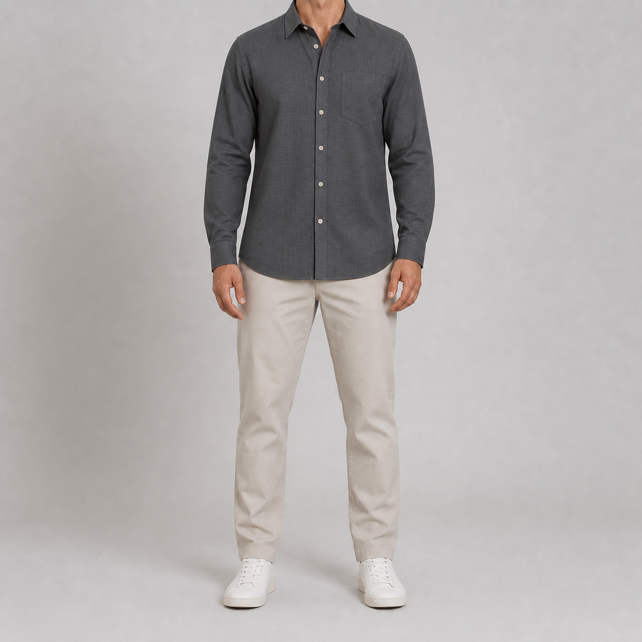 Charcoal gray men's textured long-sleeve shirt