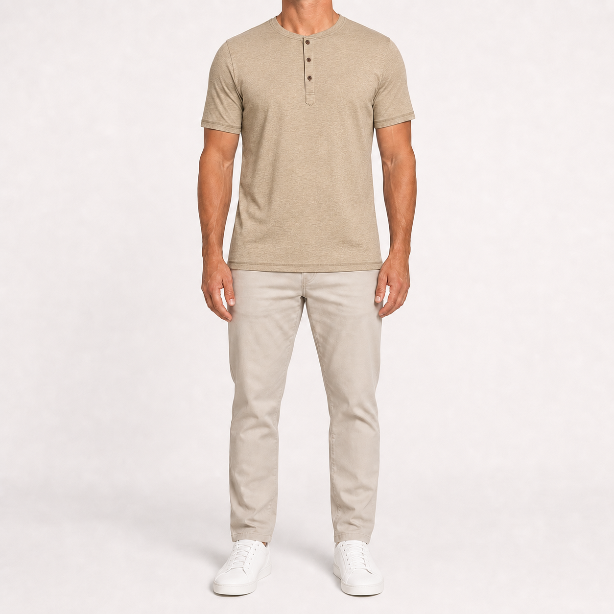 Men's sand beige heathered short-sleeve Henley