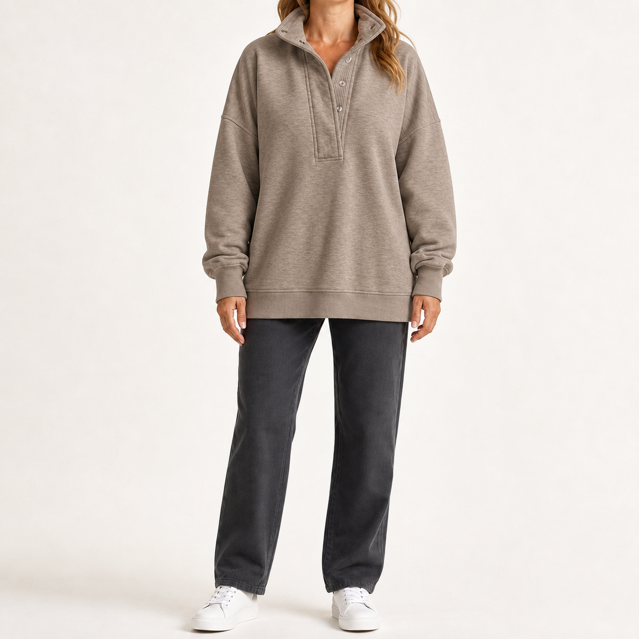 Women's warm taupe snap-collar relaxed pullover