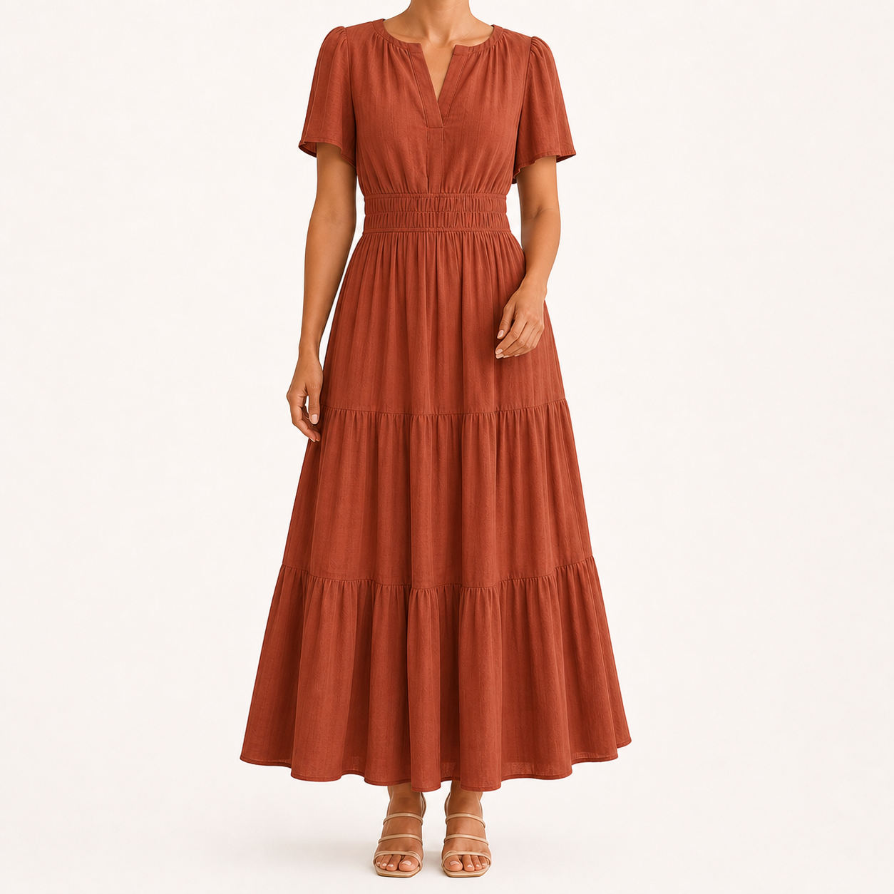 Women's terracotta smocked-waist tiered maxi dress