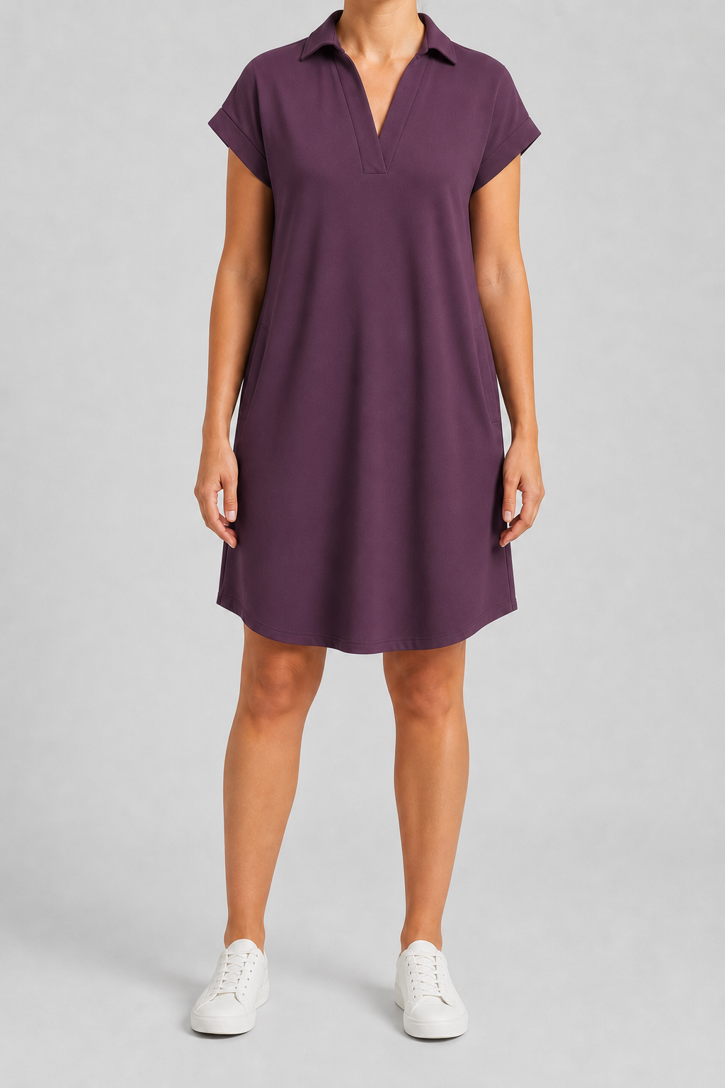 Plum women's collared short-sleeve pocket dress
