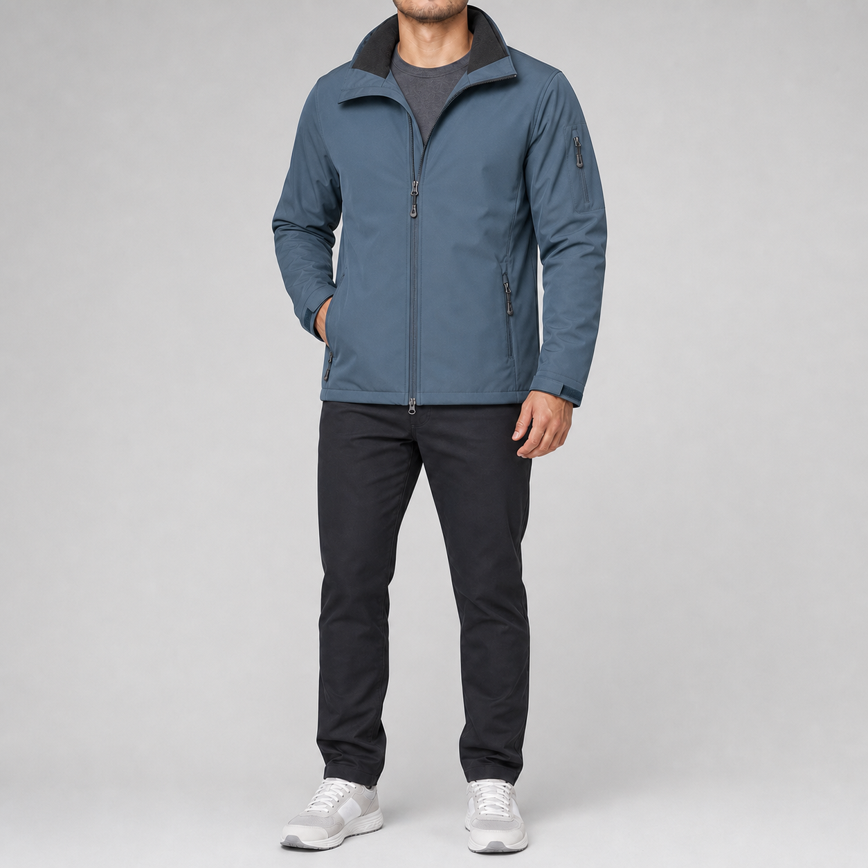 Steel blue men's hooded full-zip softshell jacket