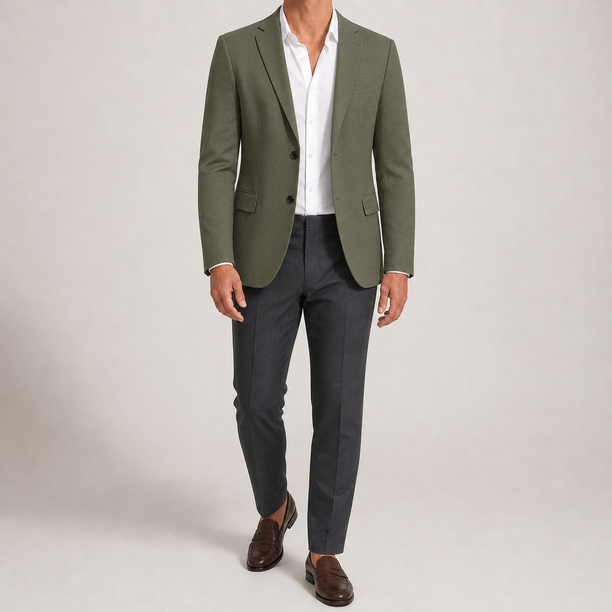 Olive green men's two-button tailored blazer