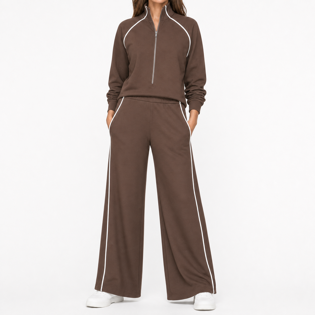 Mocha women's piped quarter-zip wide-leg set