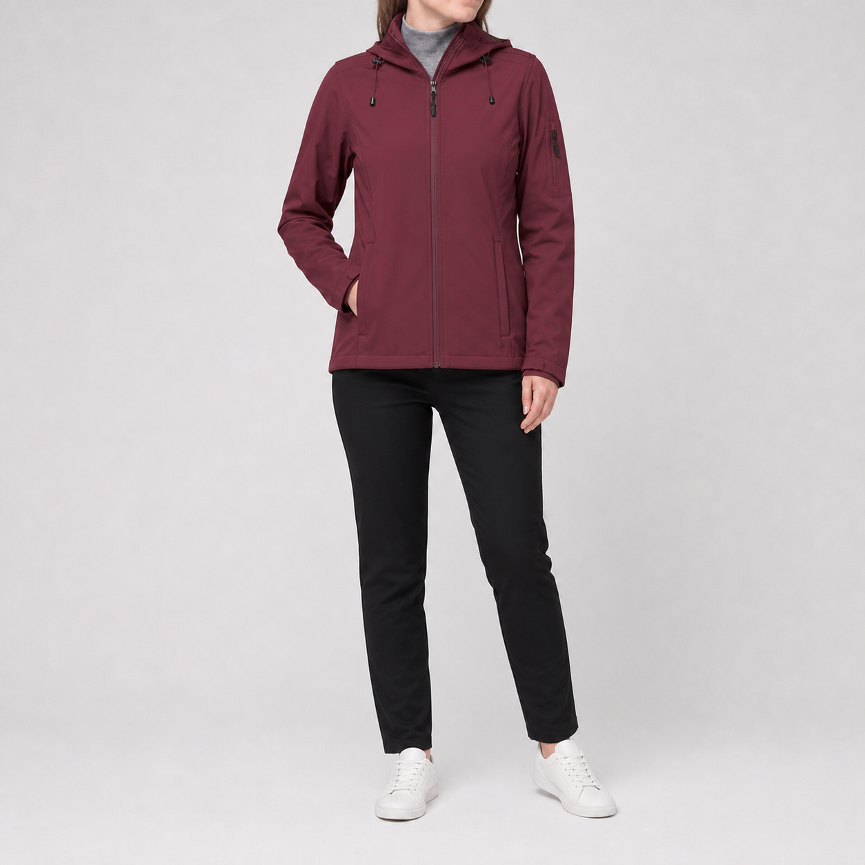 Burgundy women's lightweight hooded full-zip rain jacket