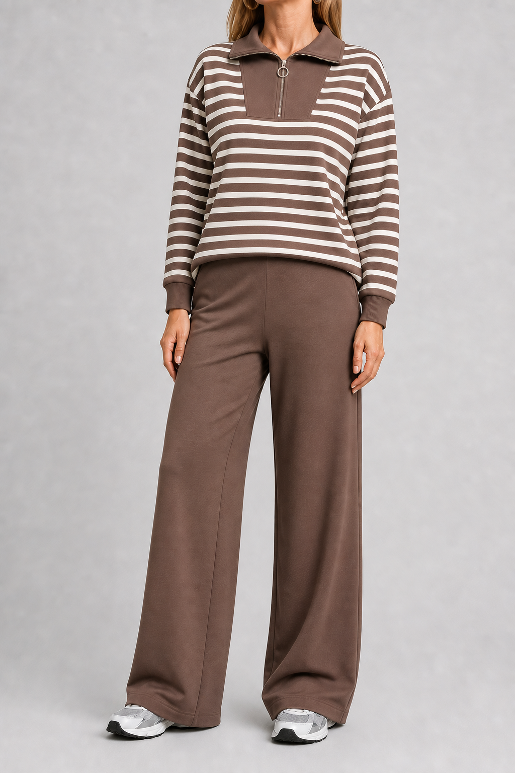 Mocha stripe women's quarter-zip wide-leg set