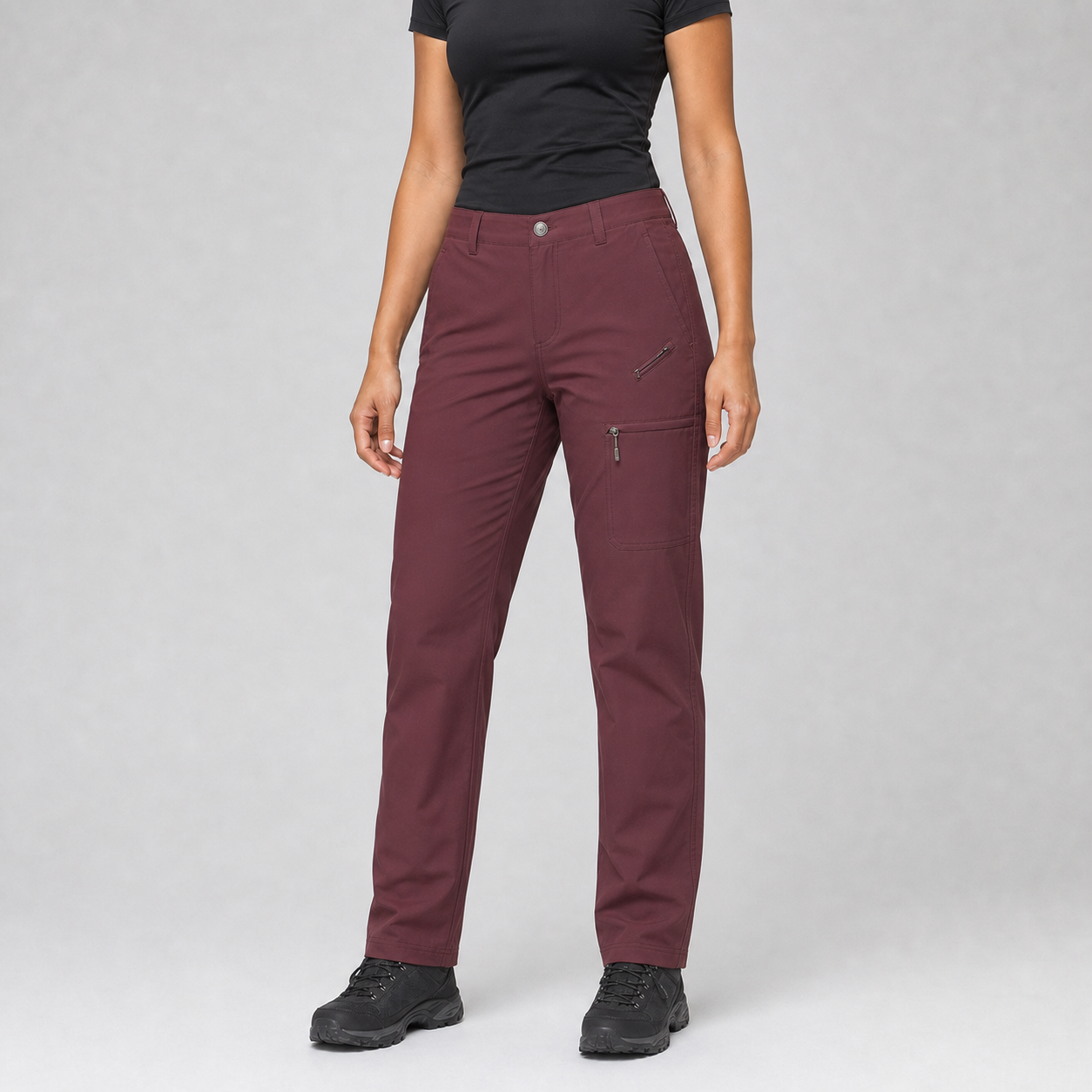 Burgundy women's straight-leg cargo hiking pants