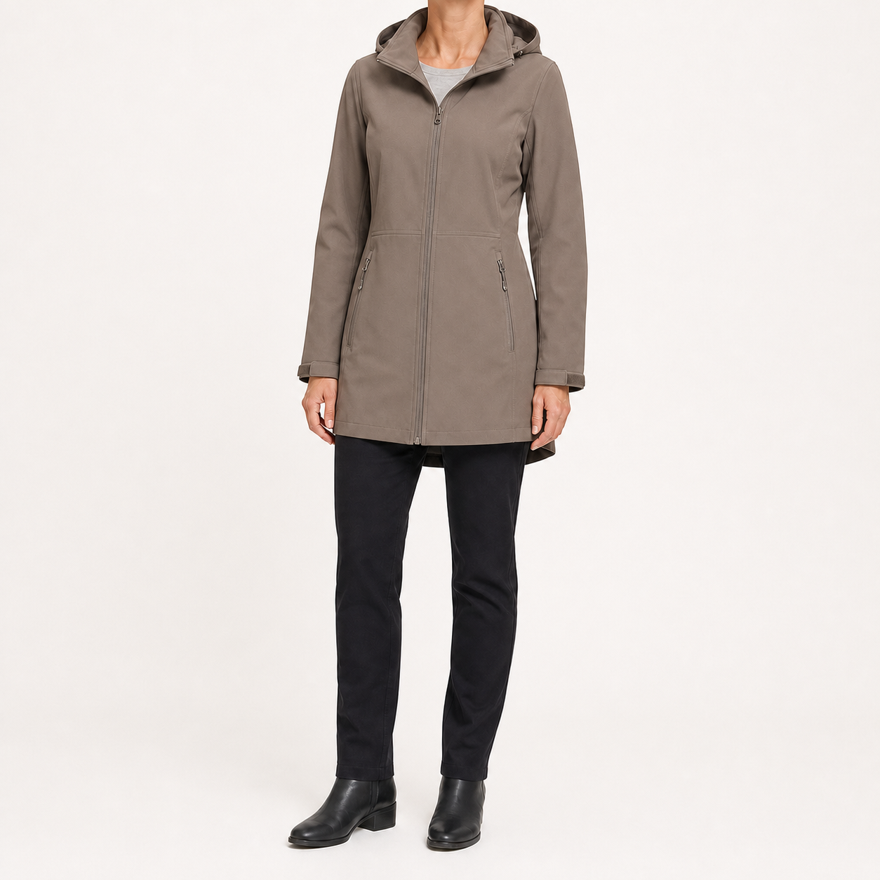 Taupe women's hooded mid-length zip jacket