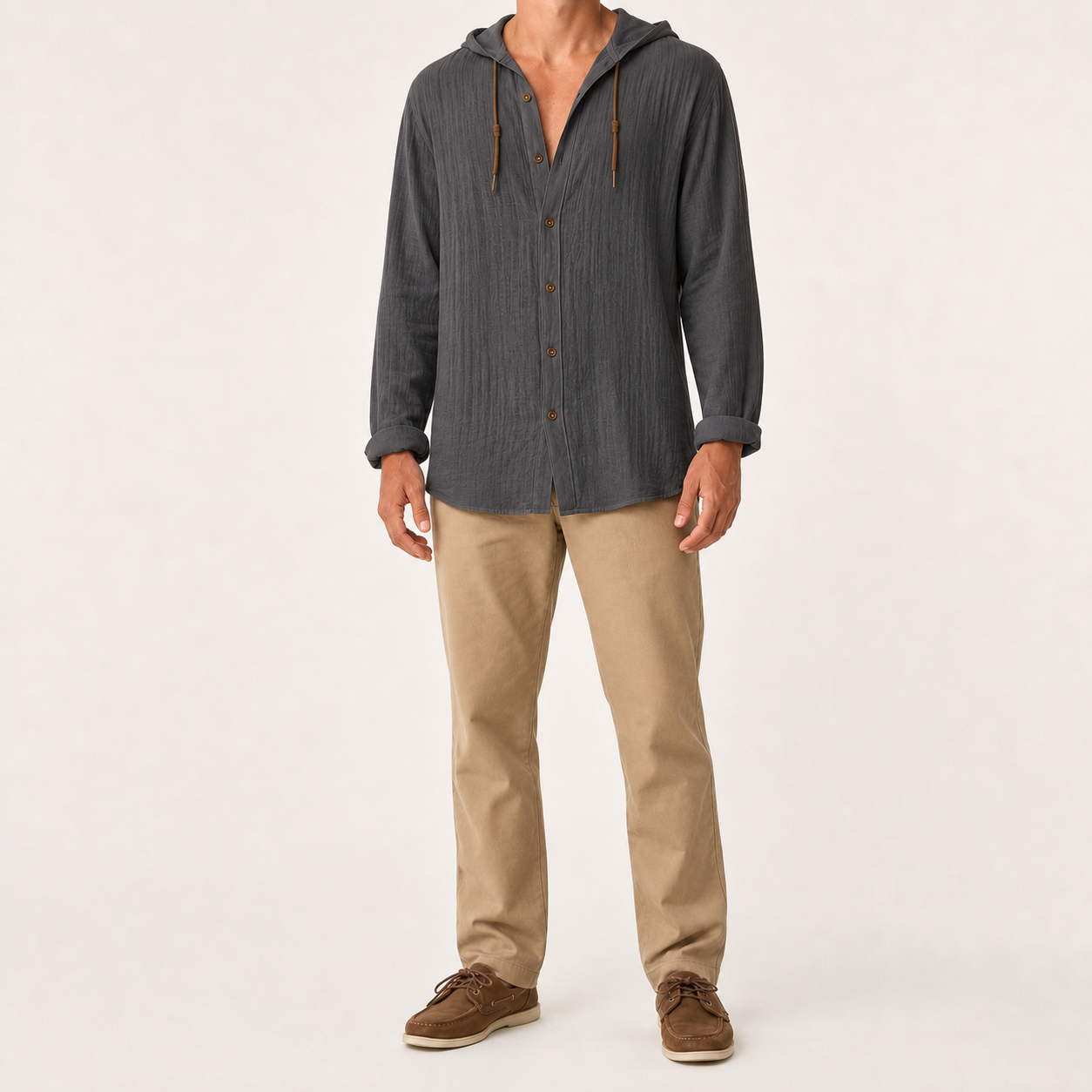Men's hooded button shirt in charcoal gray