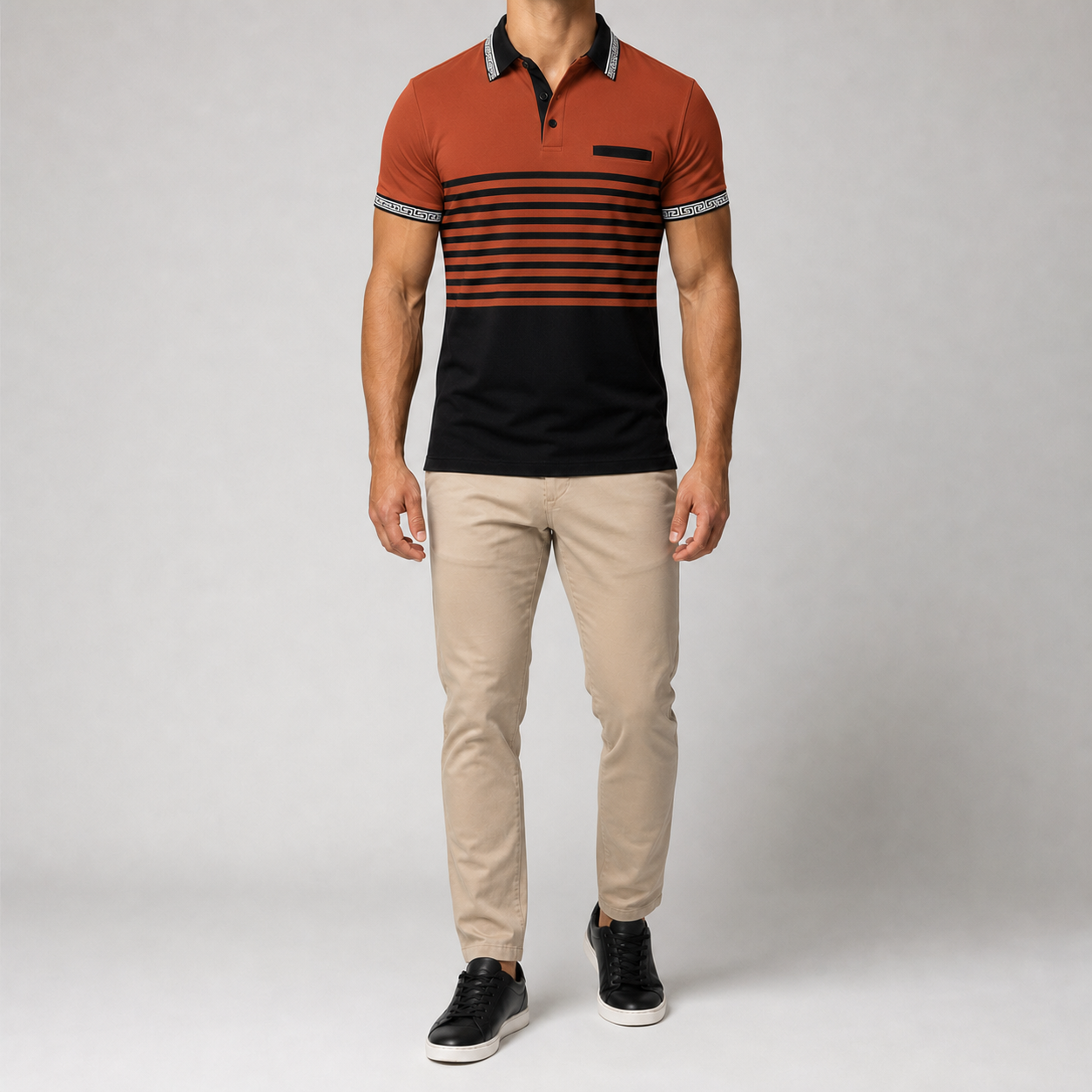 Men's rust and black striped polo