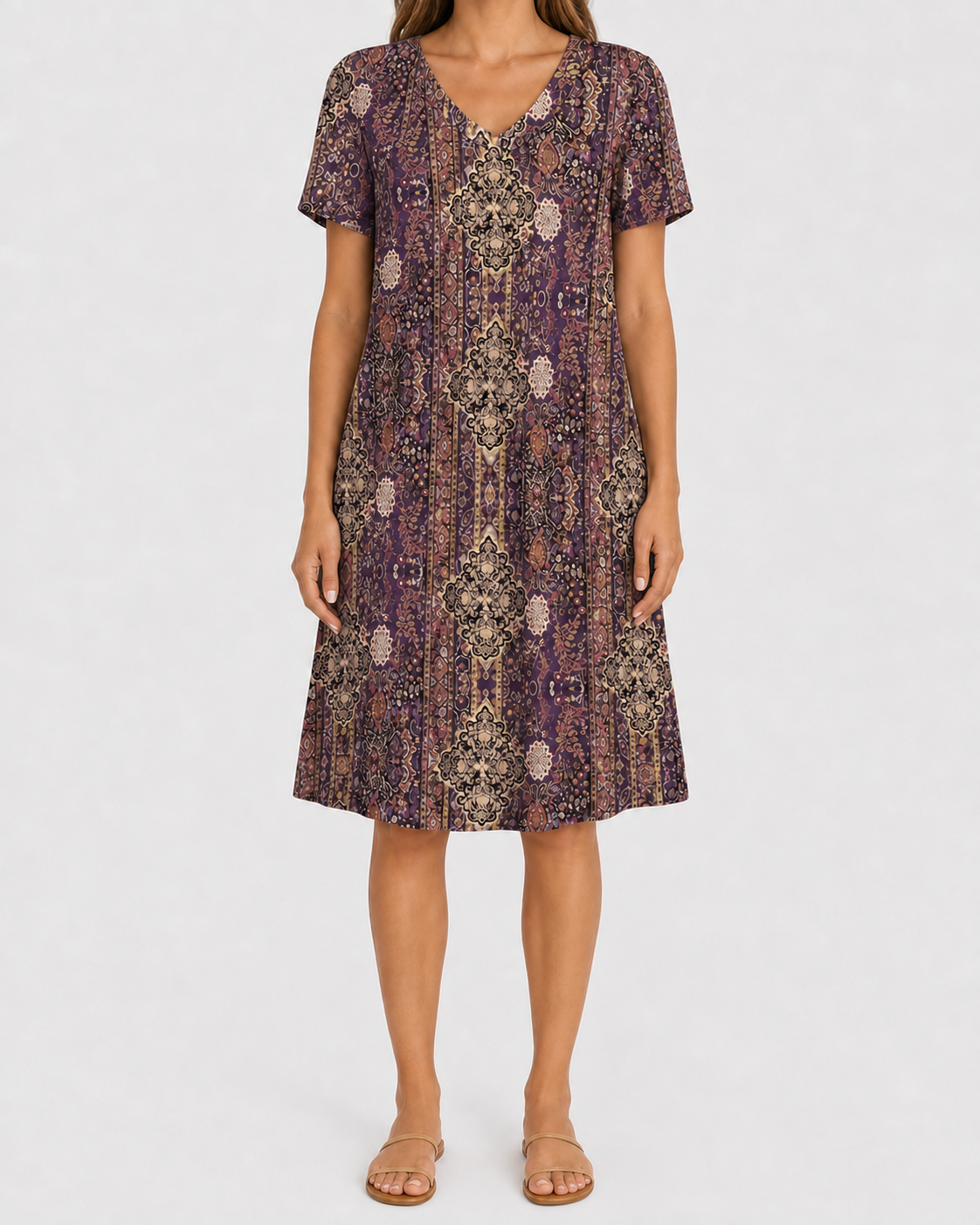 Plum purple ornamental print pocket dress