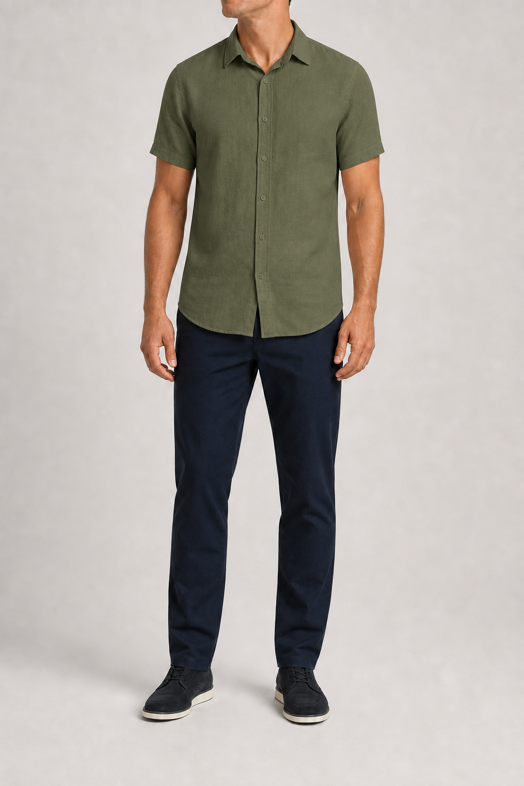 Men's olive short-sleeve linen-viscose shirt