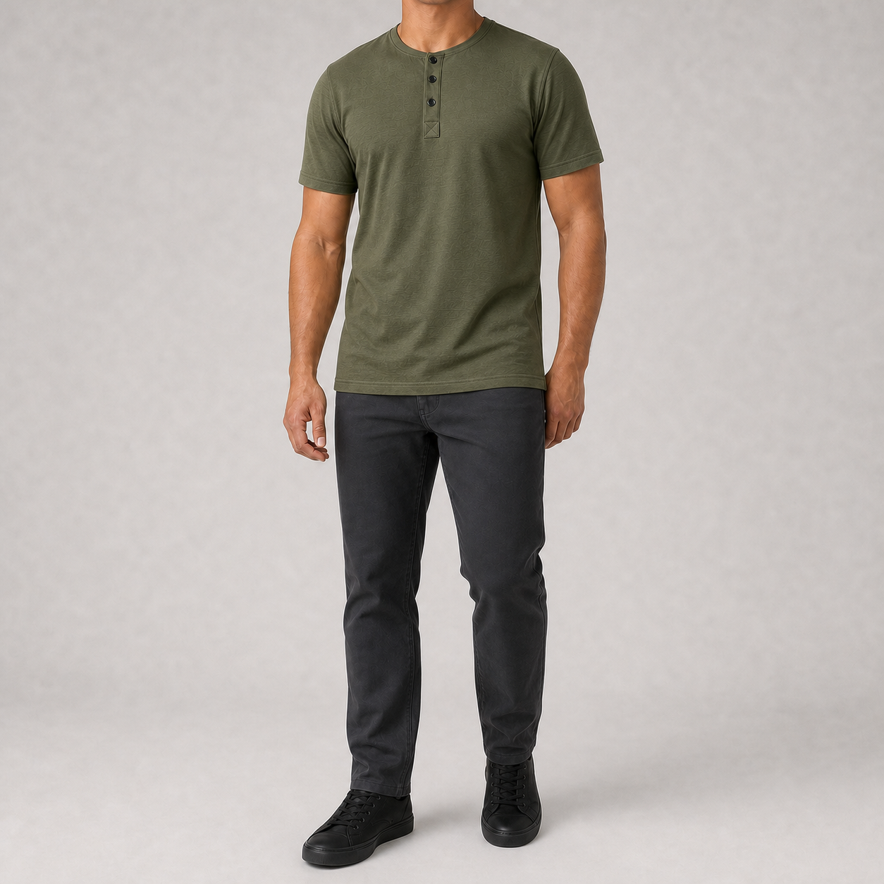 Men's deep olive textured short sleeve Henley
