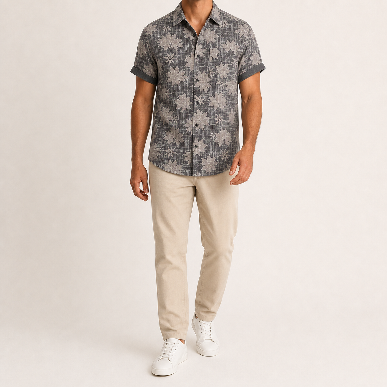 Men's charcoal floral camp collar shirt