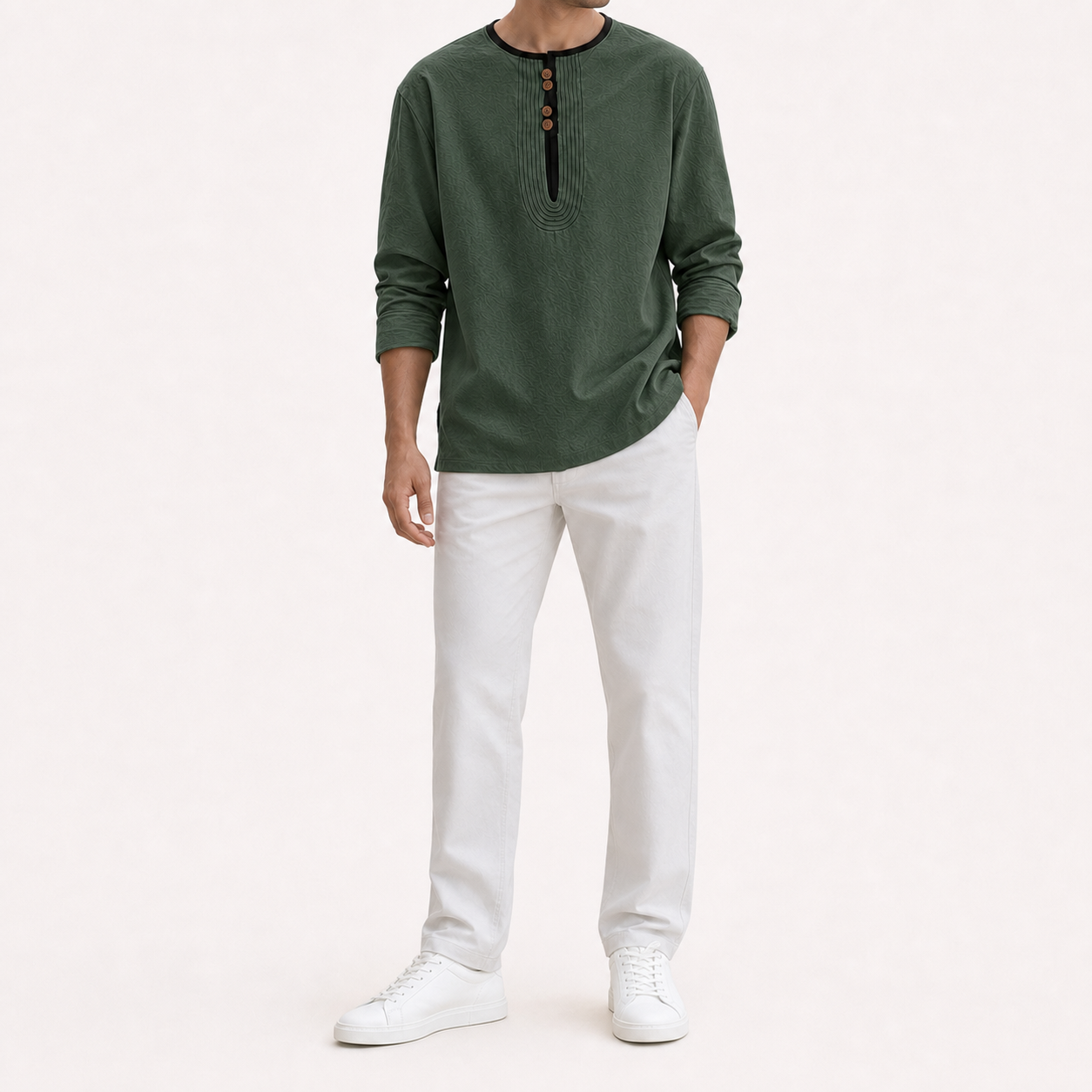 Men's forest green contrast trim long sleeve Henley