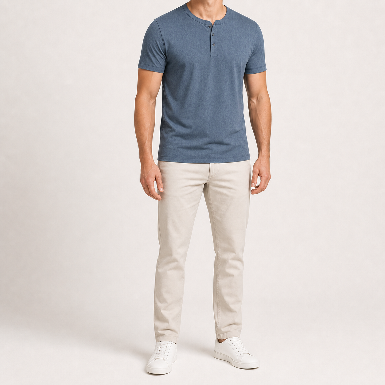 Men's slate blue short-sleeve three-button Henley shirt