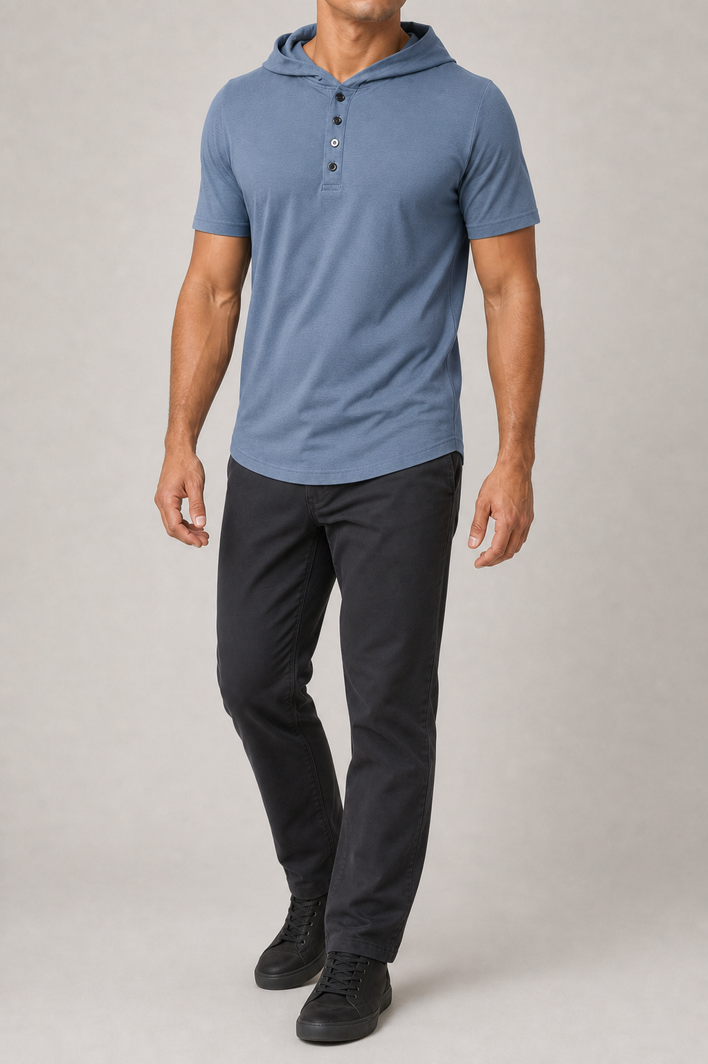 Men's slate blue short-sleeve hooded Henley