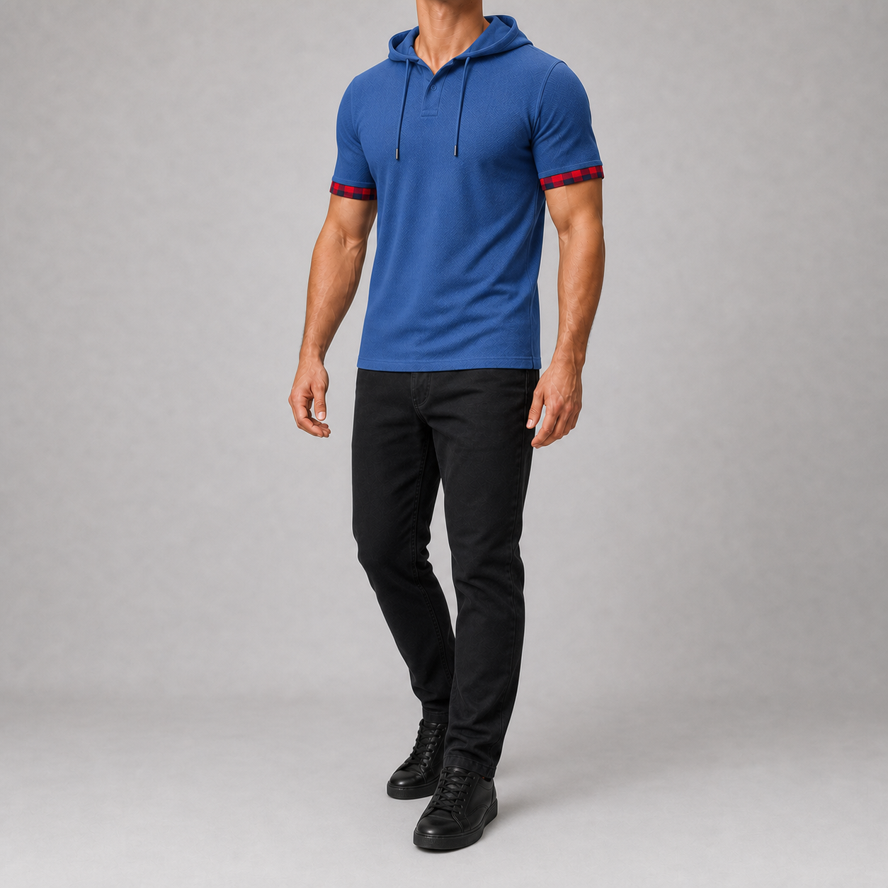 Men's hooded Henley shirt in royal blue
