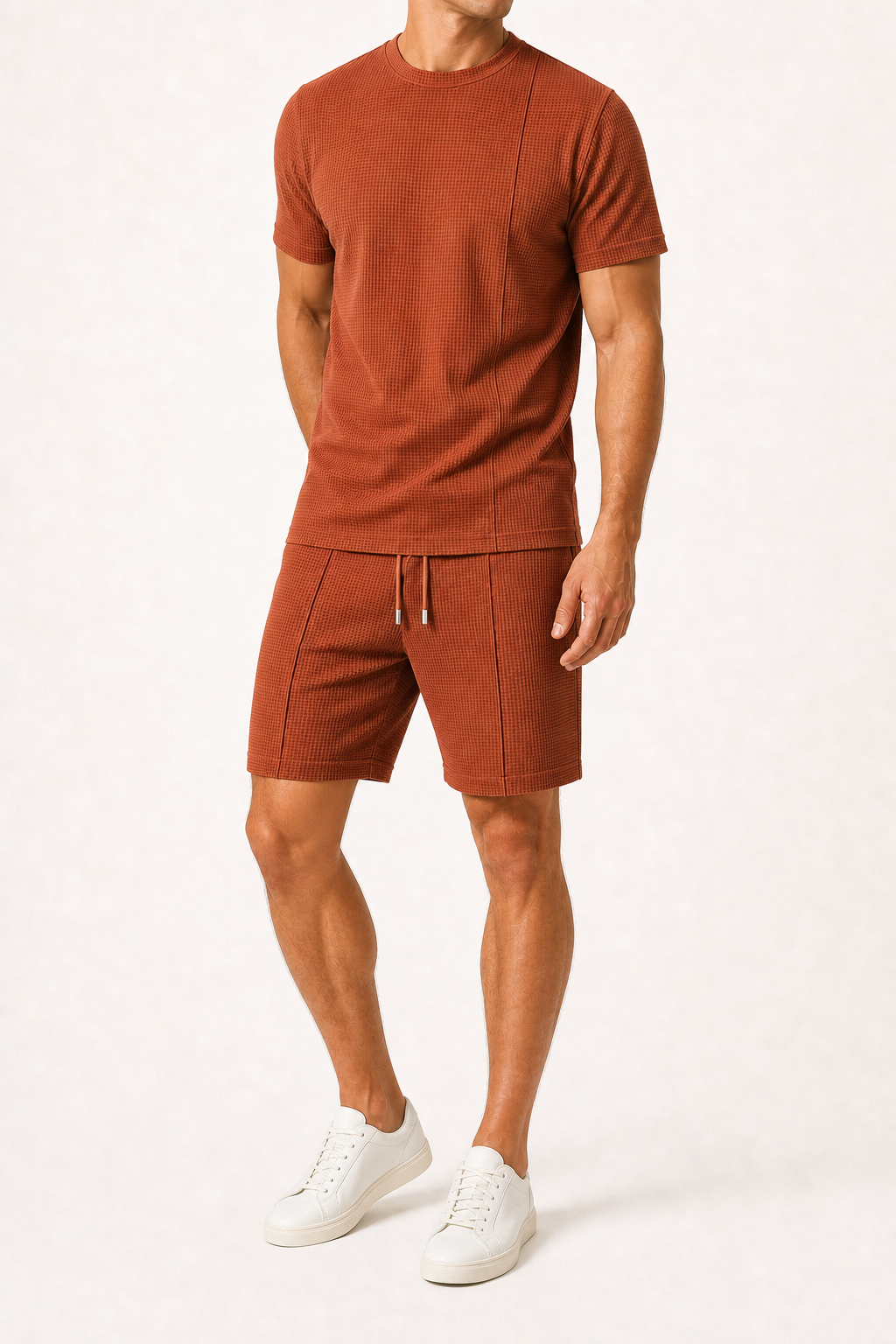 Men's waffle knit shirt and shorts set in rust brown