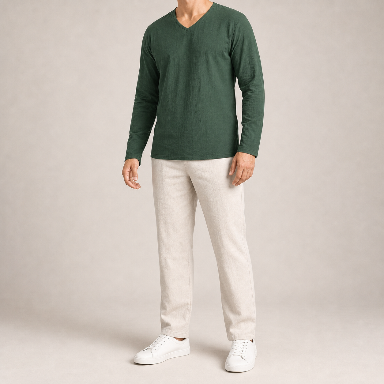 Men's forest green long-sleeve V-neck shirt