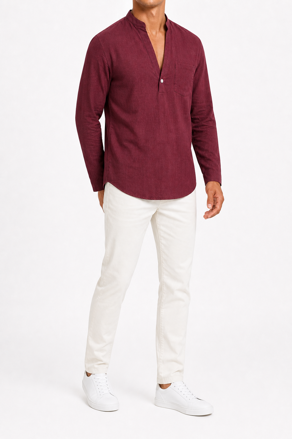 Men's burgundy long-sleeve split-neck shirt