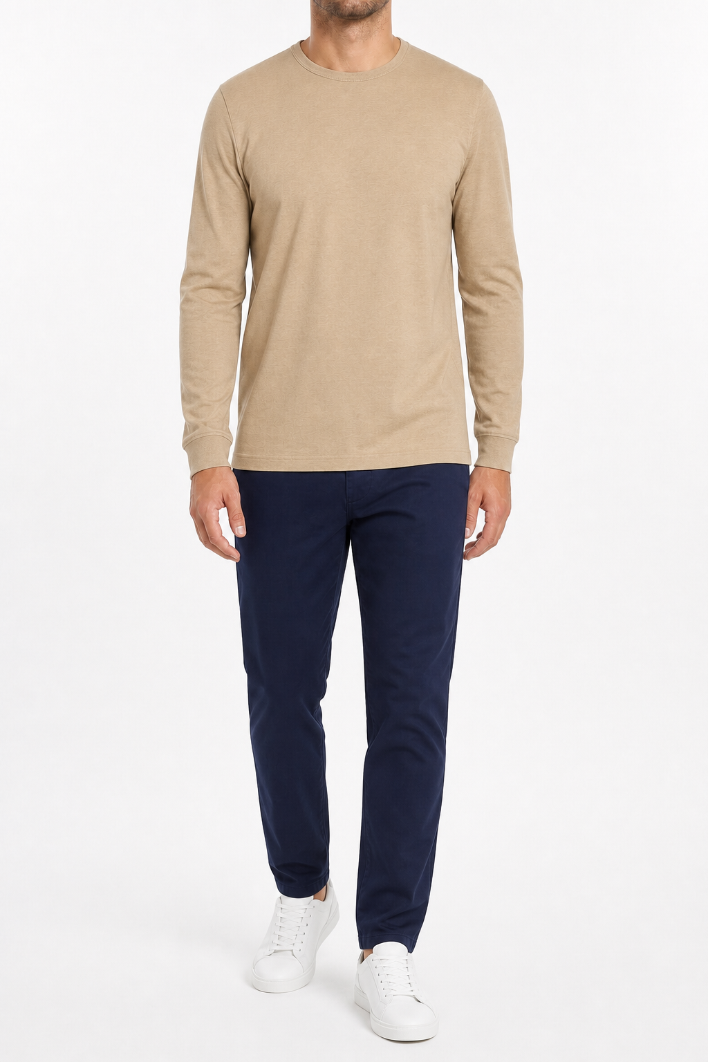 Sand beige men's long-sleeve crew-neck T-shirt
