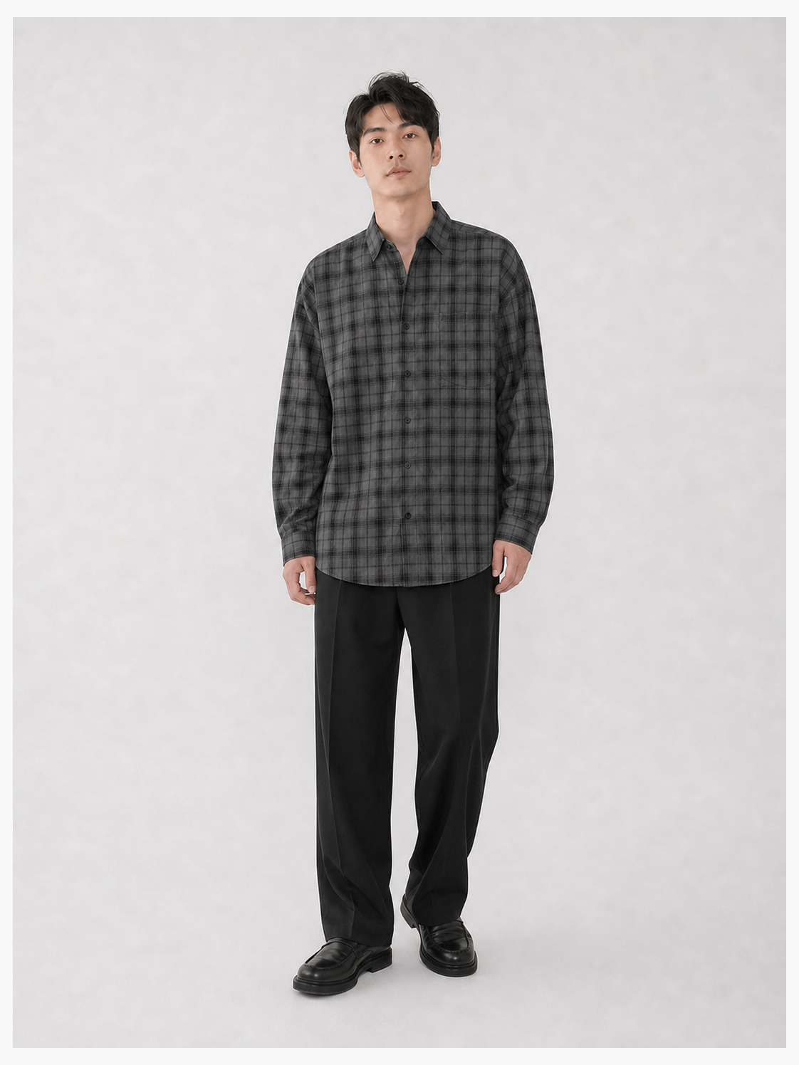 Men's charcoal gray relaxed plaid shirt