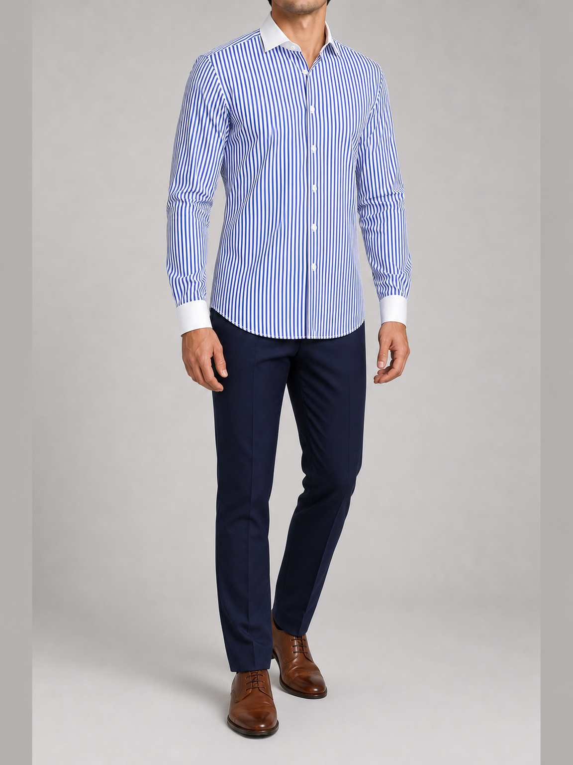 Men's royal blue vertical stripe contrast collar shirt