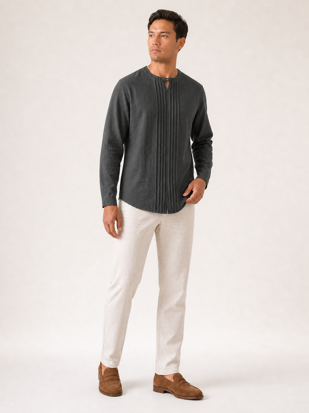 Men's charcoal pintuck keyhole shirt