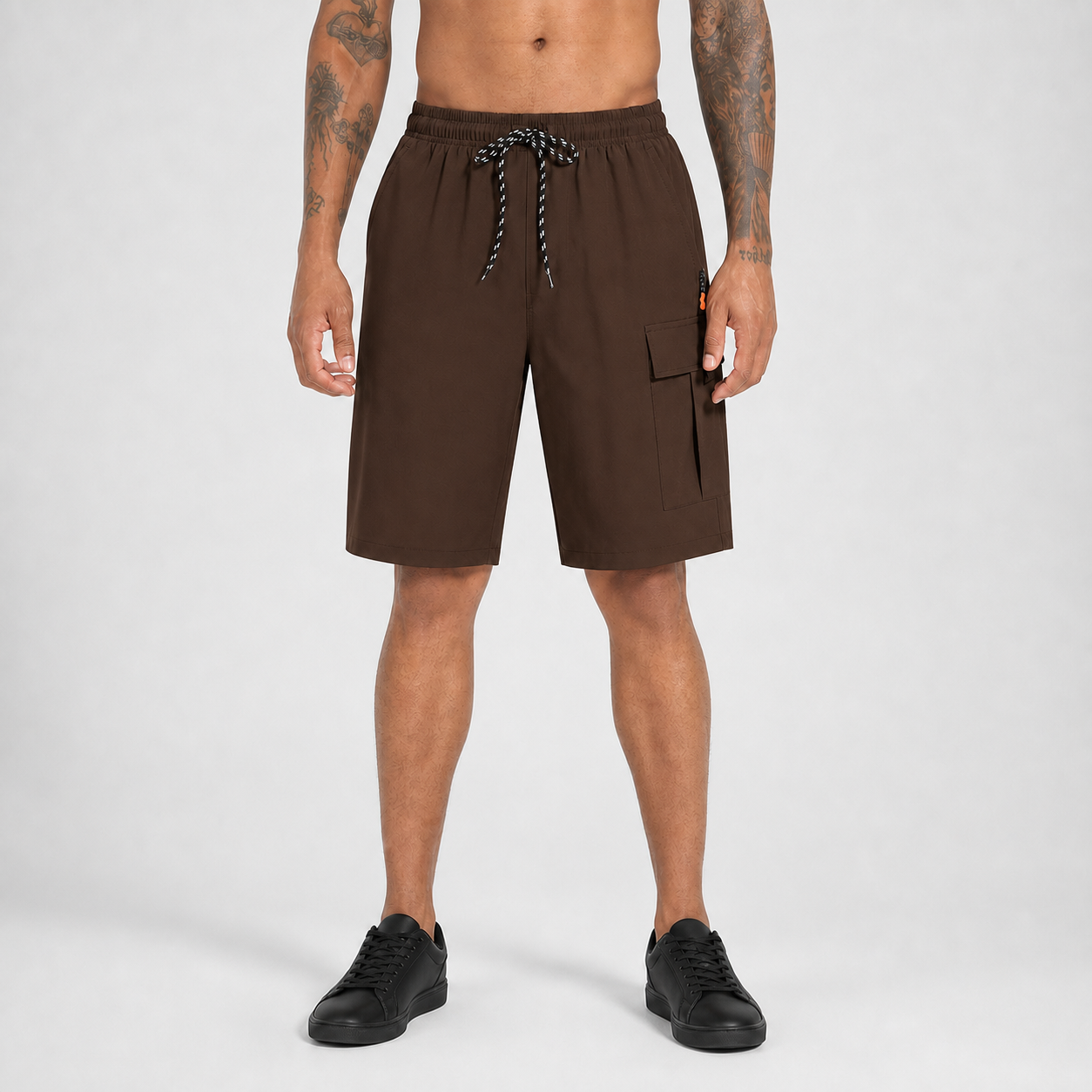 Dark brown men's drawstring utility cargo shorts