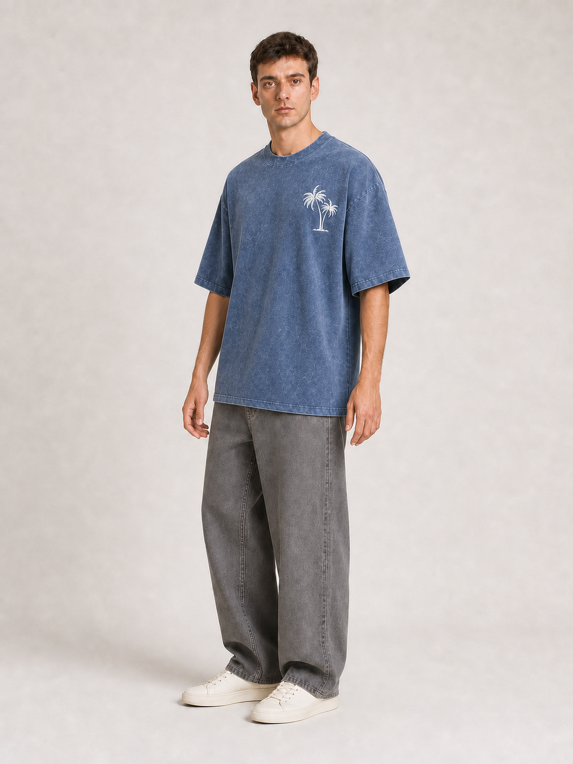 Men's washed steel blue palm graphic oversized T-shirt