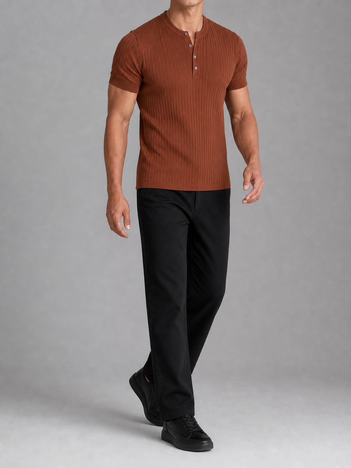Men's rust brown fitted rib-knit four-button Henley shirt