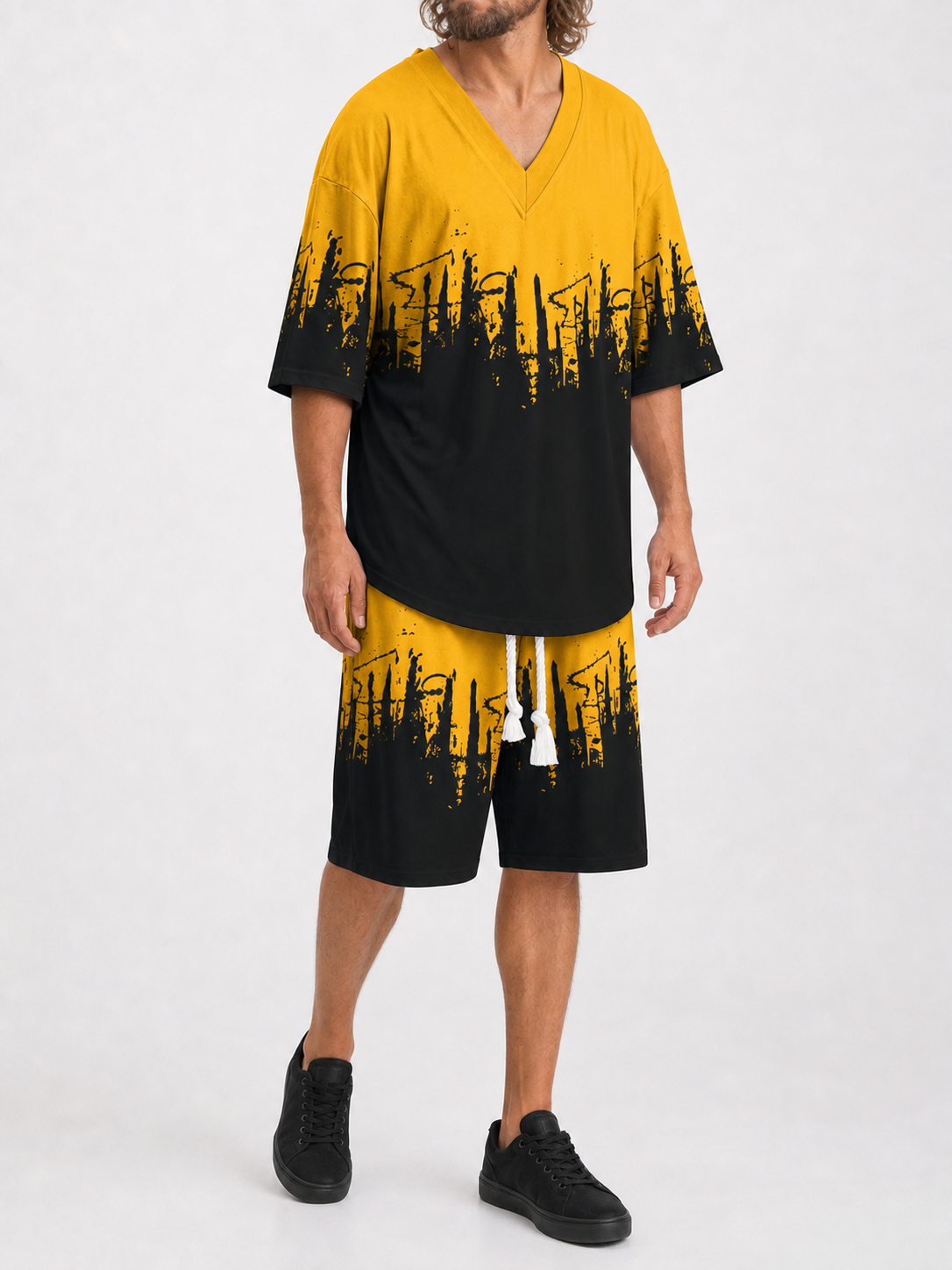 Men's golden yellow black city print two-piece set