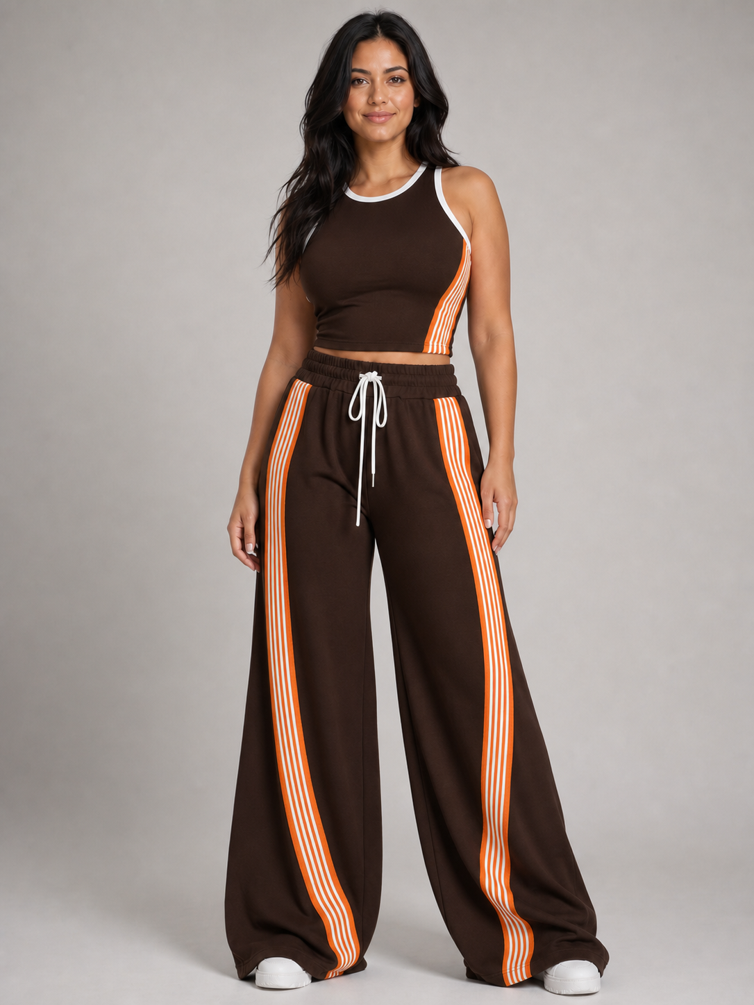 Women's chocolate brown contrast stripe wide-leg two-piece set