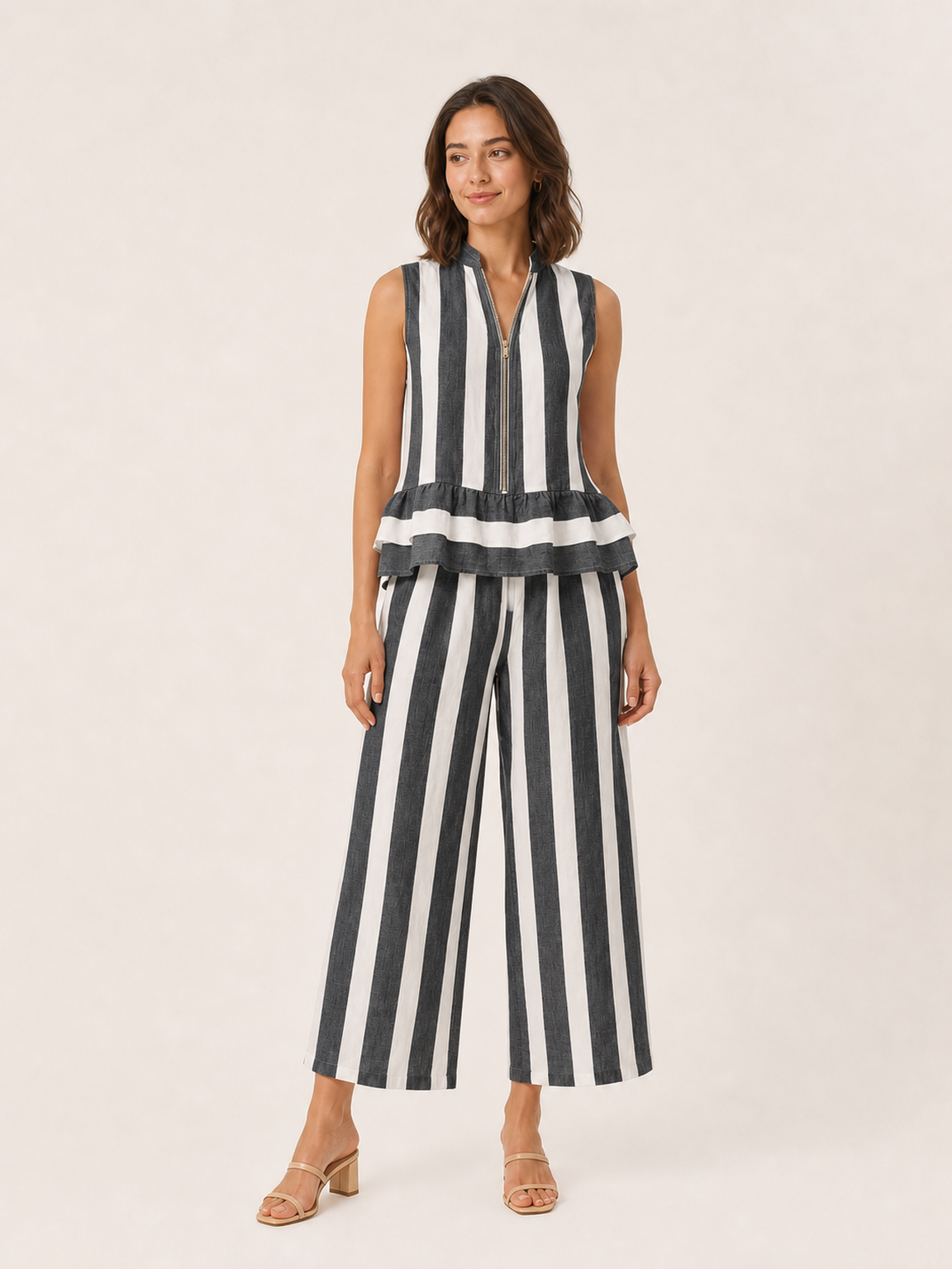 Women's charcoal striped zip peplum wide-leg set