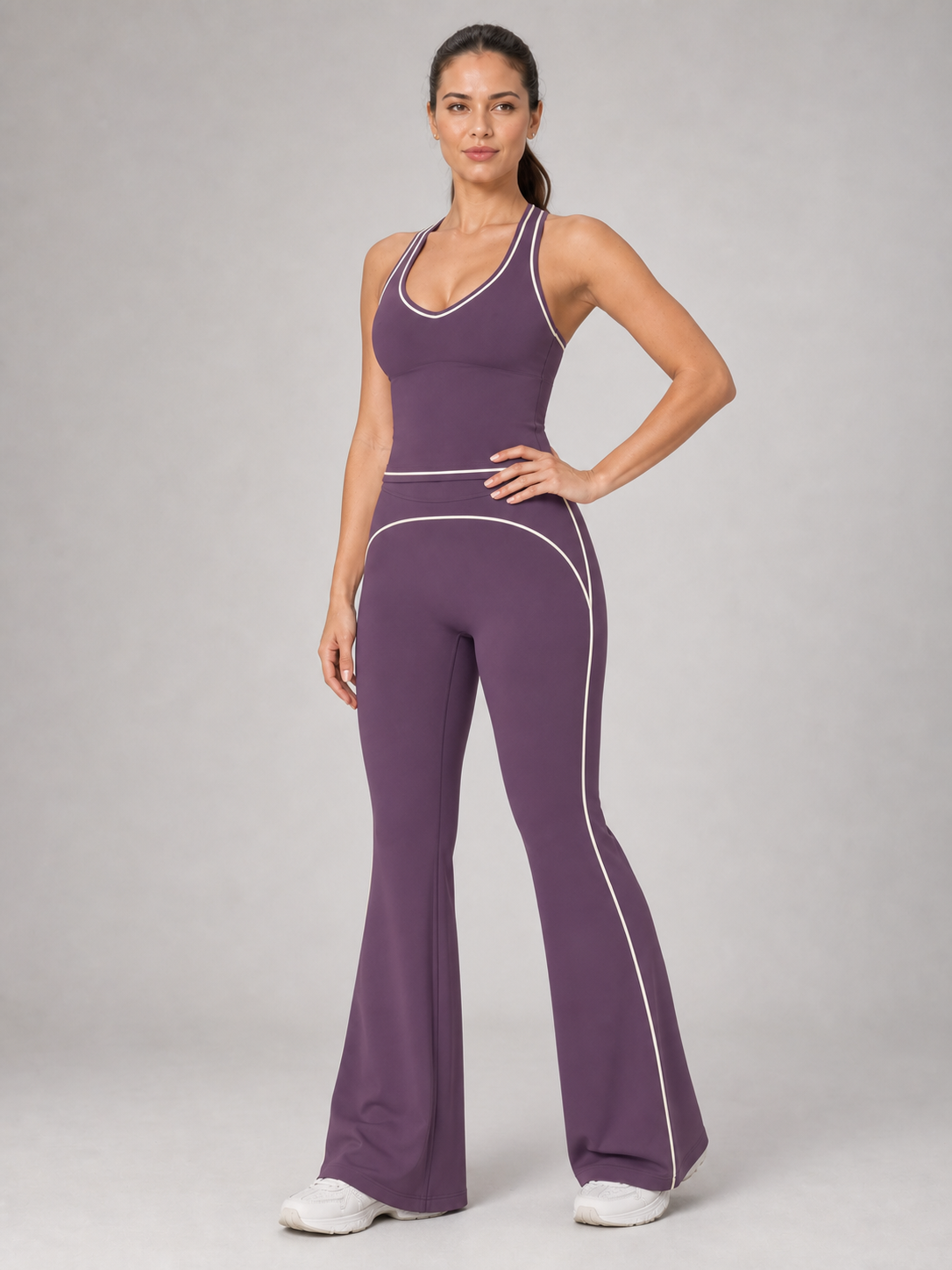 Women's plum contrast-trim flare active set