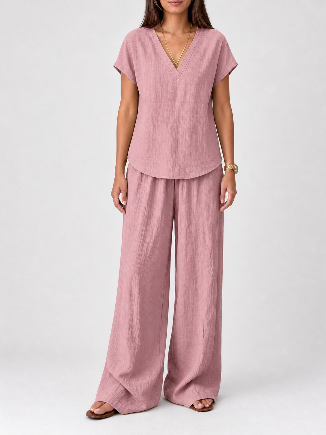 Women's dusty rose crinkle tunic and wide-leg pants set