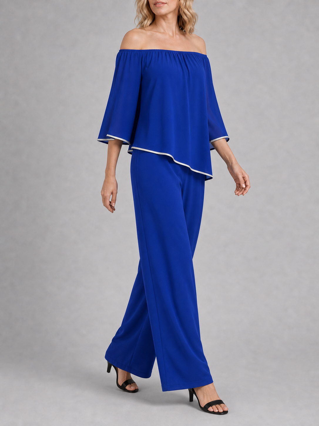 Women's royal blue off-shoulder wide-leg two-piece set